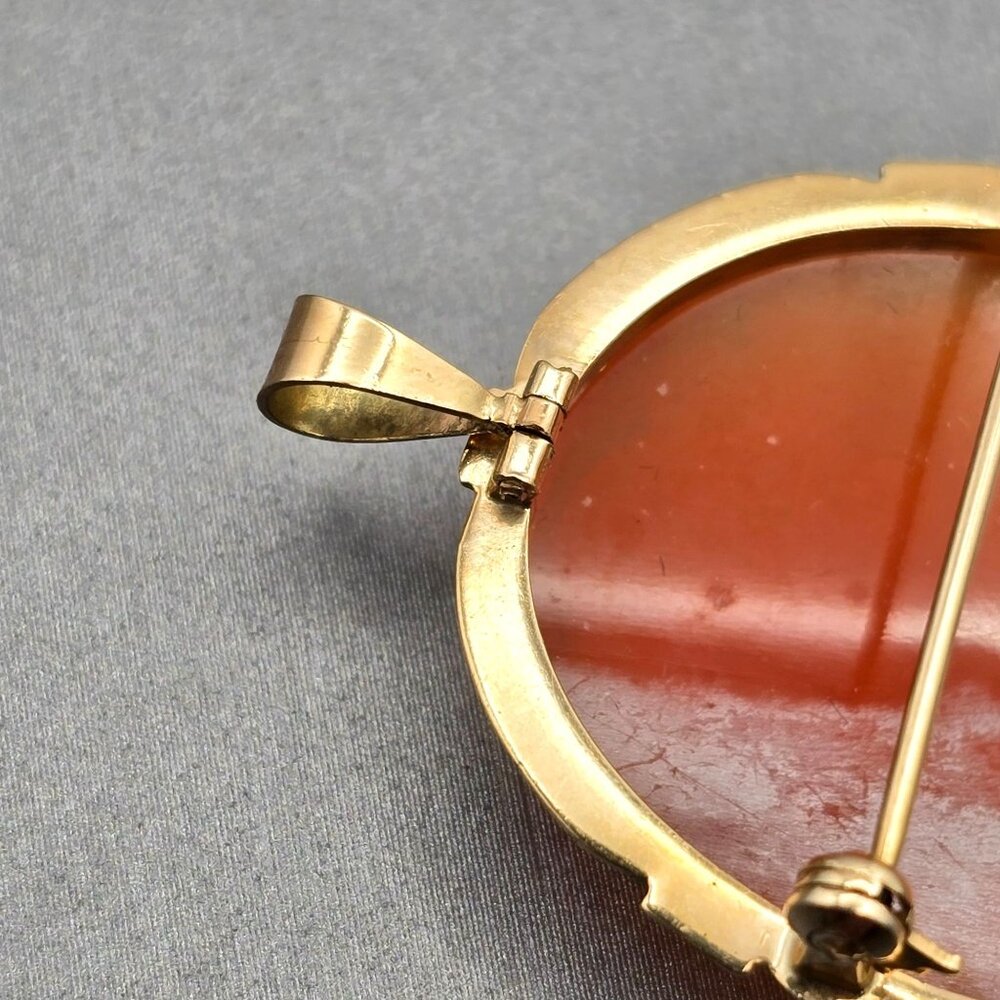 14K Yellow Gold Shell Cameo Brooch/Pendant Hand-Carved Profile 5.28g Signed LJI - Picture 7 of 11